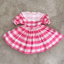 Vintage 80s Martha's Miniatures Pink White Gingham Lace Trim Baby Girls Dress 2T