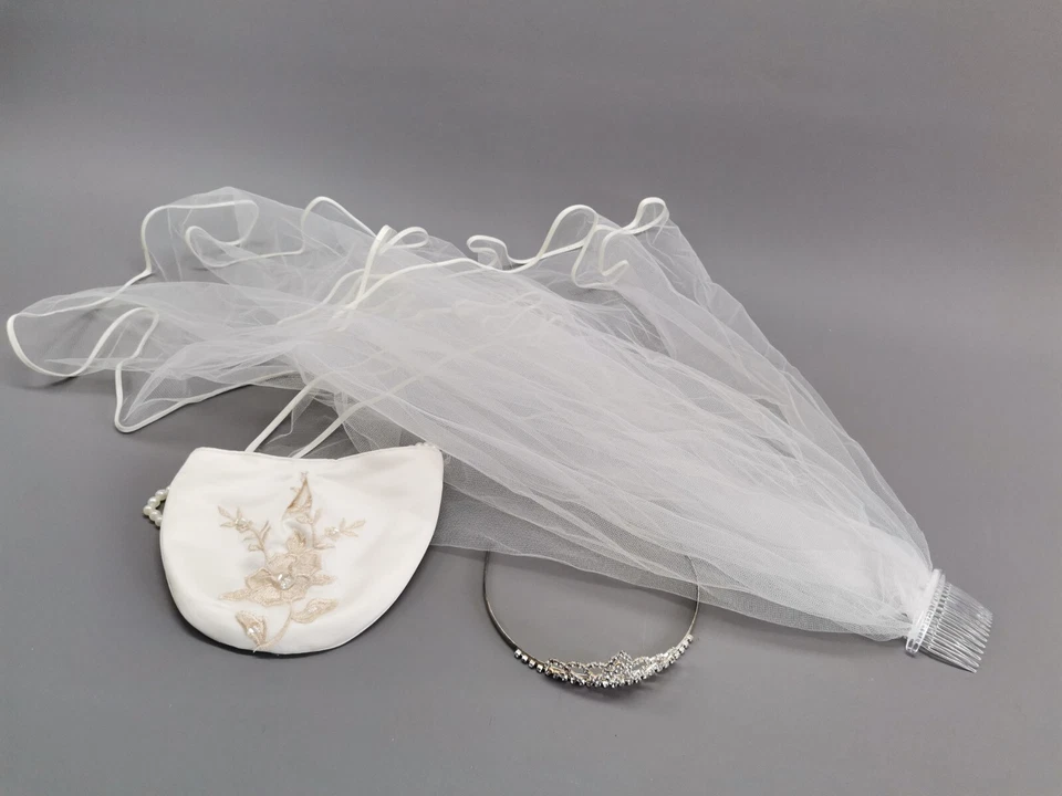 Brautschmuck Schleier Diadem Hochzeit Braut Schmuck Perlen Tasche Satin weiß - Bild 2 von 4