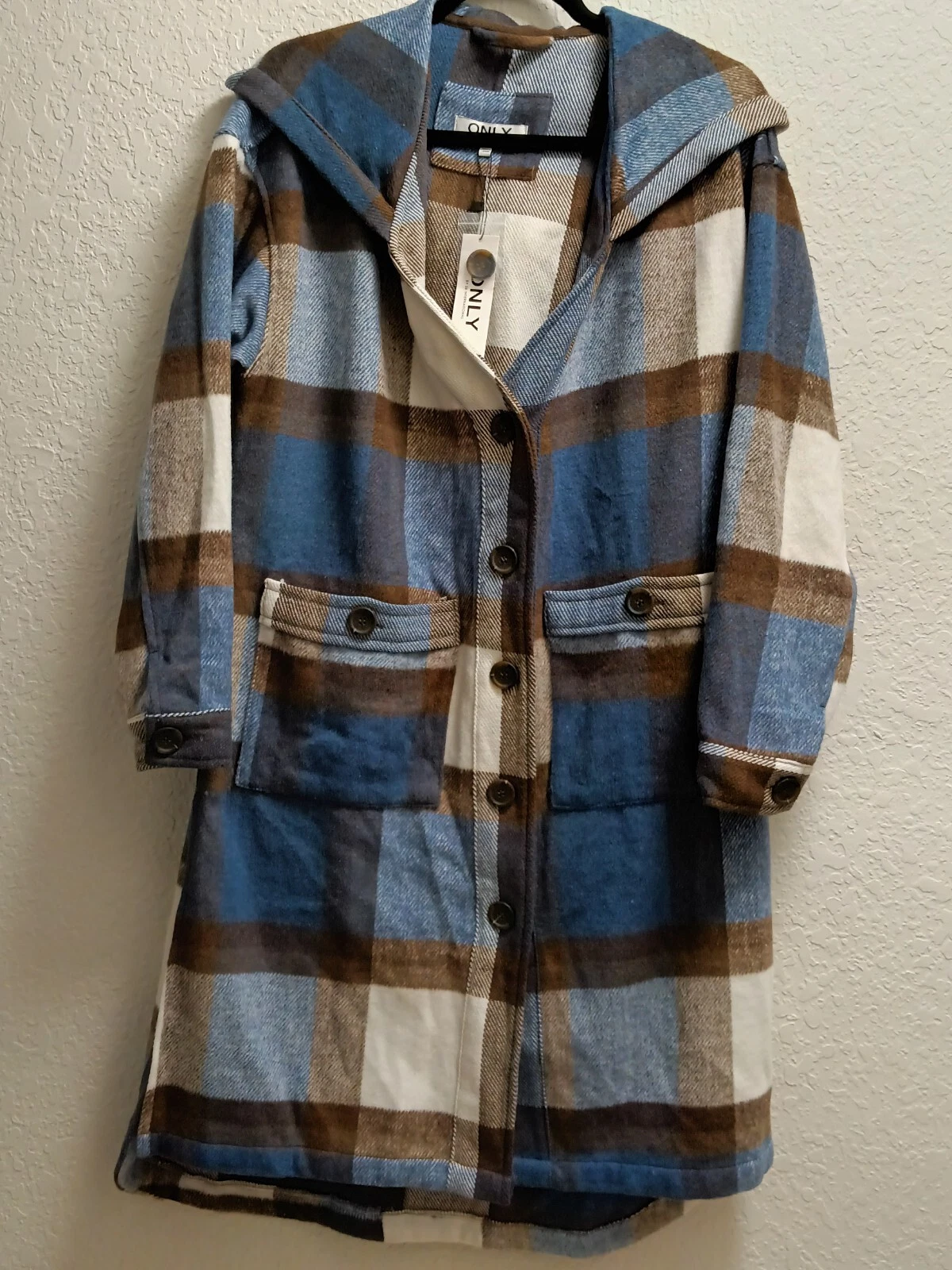 ONLY Plaid Hoodie Coat Earthy Blue Small NWT