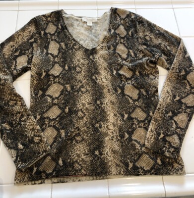 MAINBOCHER Sweater M Brown 100% Cashmere Snake Lizard Alligator Crocodile Print