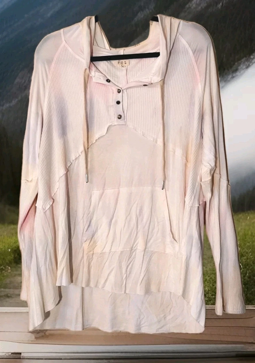 POL Women's Oversized Hoodie Cream Colored Tie Dye, Parts Ribbed Size Large
