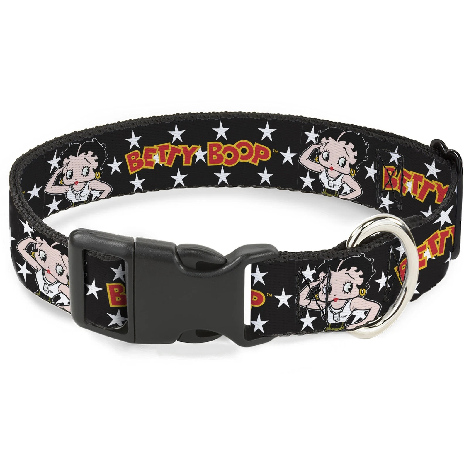 Plastic Clip Collar BETTY BOOP Salute Pose and Text Stars Black/White/Yellow/Red