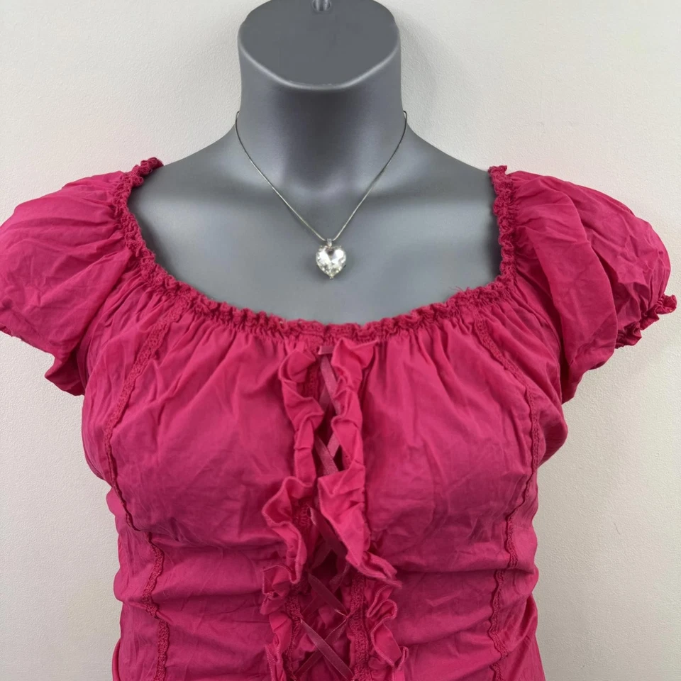 Y2K vintage stretchy milkmaid hot pink top cap sleeve lace up frill frilly - Image 2 of 4