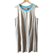 Saks Fifth Avenue Dress Womens 12 Beige Turquoise Linen Cotton Shift Black Label