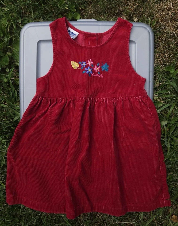 Vintage 80s Oshkosh Red Corduroy Dress Floral Girls 6 Made In USA Rare Fall - Image 2 of 4