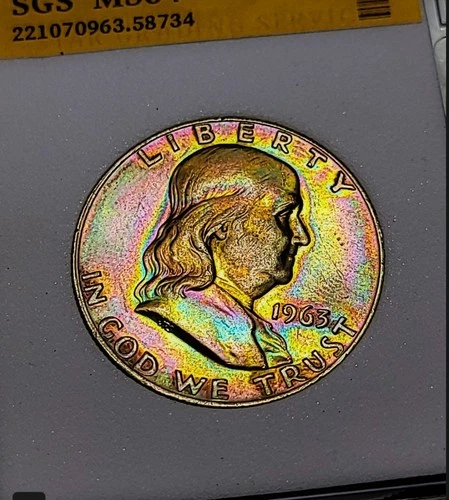 1963-D Franklin 50c Half Dollar Unc, FBL -  Rainbow Toned - 90% Silver Coin. 734