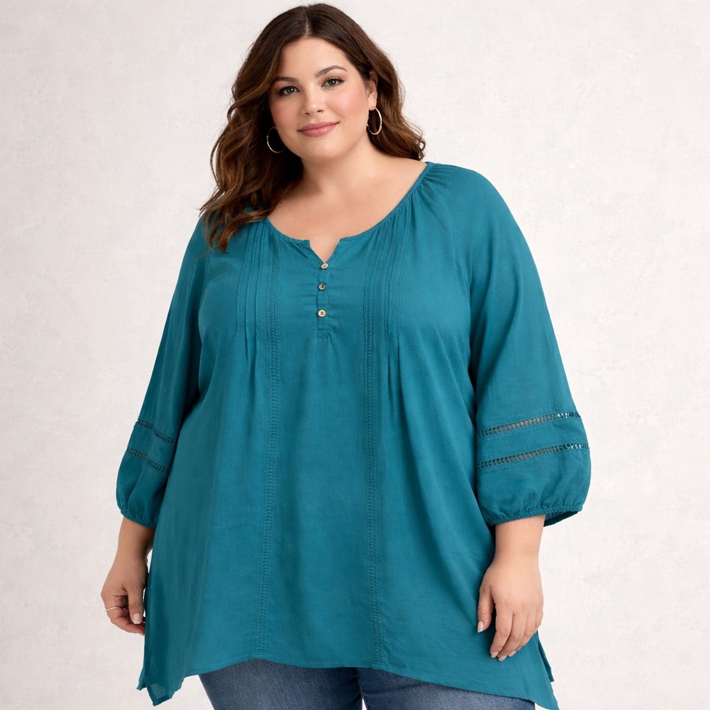 Women's CATHERINES Teal Balloon Sleeve Boho Flowy V-Neck Tunic Top SZ 3X 26/28W