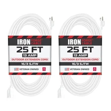 25 Ft White Extension Cord 2 Pack - 16/3 Durable Electrical Cable