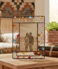 Pier 1 Imports Beaded Wire Picture Frame 4x6 Boho Colorful Glass Beads Rustic