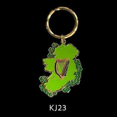 BRASS & ENAMEL KEY RINGS - IRISH MAP HARP SHAMROCKS