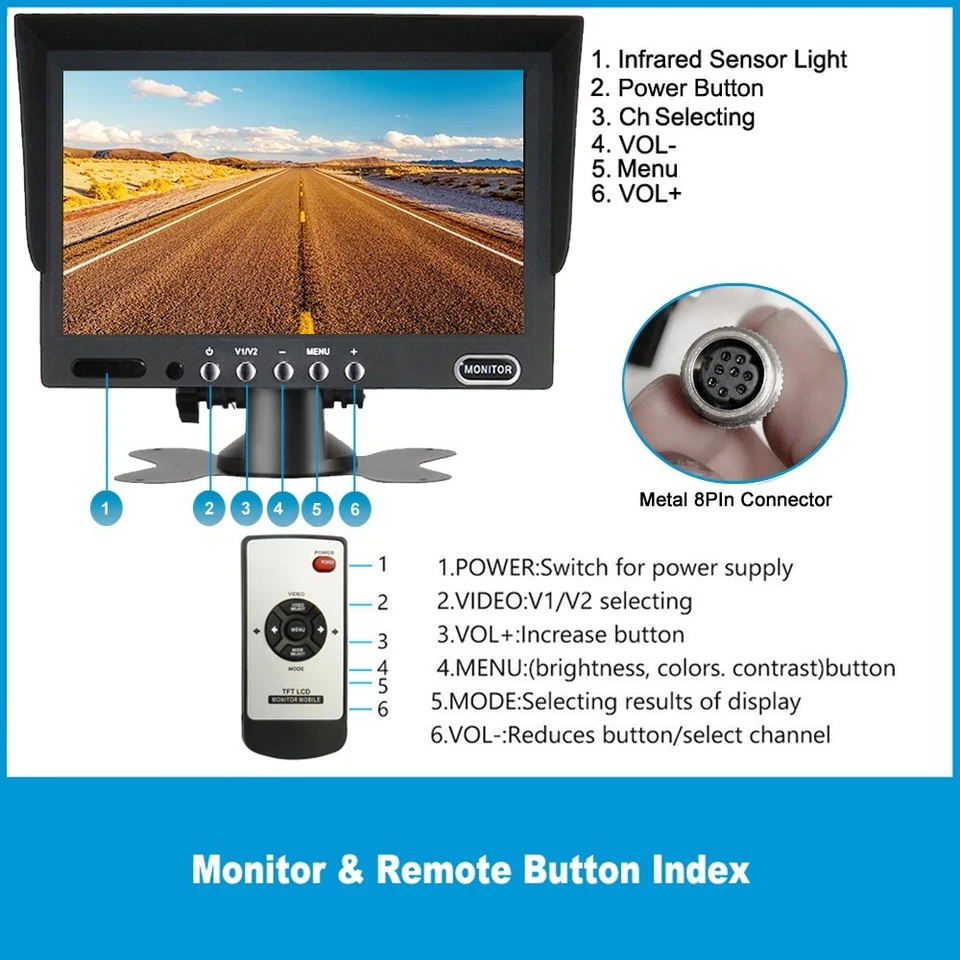 iPoster 8PIN Metal Connector 7 Inch Car Monitor Rear View Screen 2ch Video Audio - Image 2 of 4