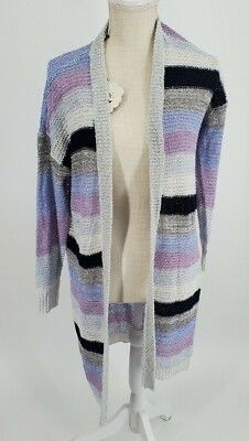 Knox Rose Navy Purple Striped Open Knit Cardigan Women's Extra Small