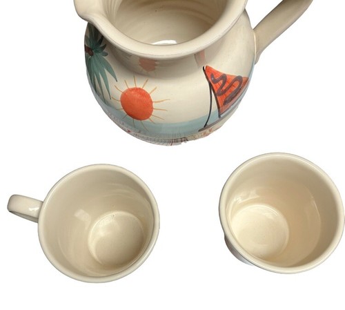 PIER 1 HAND PAINTED IN ITALY PITCHER AND 2 MUGS SUMMER AT THE BEACH - Picture 4 of 8