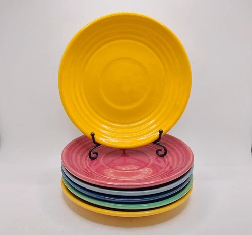 Vtg Bauer Pottery Saucers Los Angeles USA 6" Yellow Jade Blue Burgundy Lot Of 6