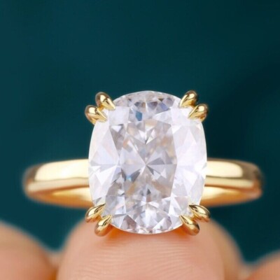 3.50 CTW 14K Yellow Gold Plated Elongated Cushion Cut Moissanite Solitaire Ring