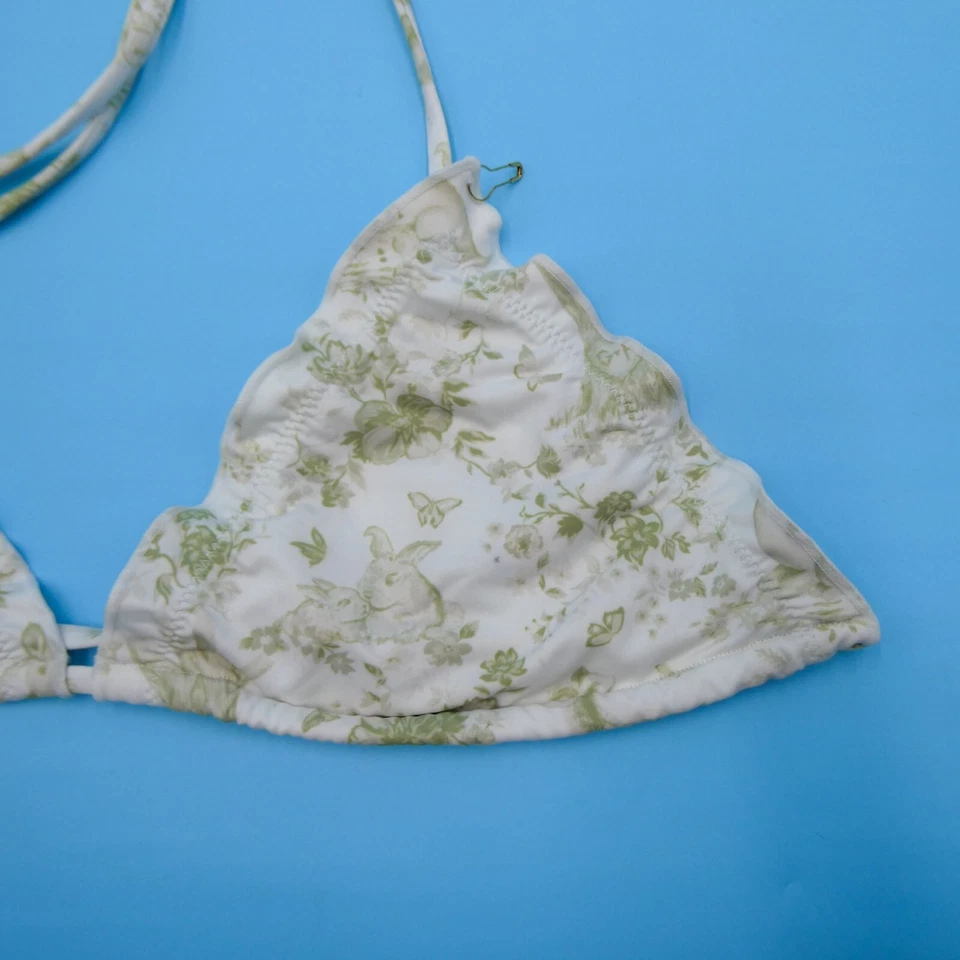 Bikinis Frankies Medianos Blanco Floral Triángulo Volantes Halter Bikini Top Traje de Baño Foto 4 de 4