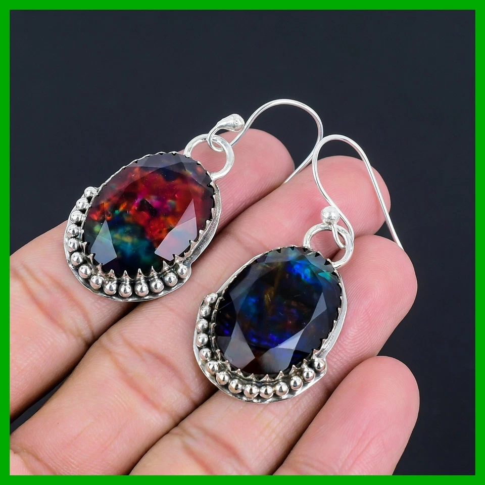 Женский день продажи 925 Серебряный овальный натуральный аммолит крюк падение подвеской безель серьги - Изображение 3 из 4