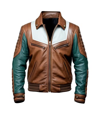 Men s Brown Green Genuine Sheepskin Quilted Moto Biker Bomber Leather Jacket