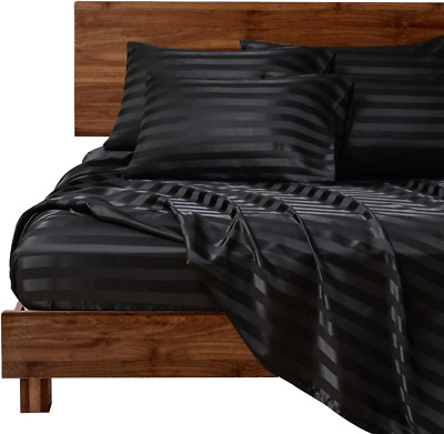 Luxurious King Size Satin Bed Sheets Set, 6 Pcs, Deep Pocket, Black Striped