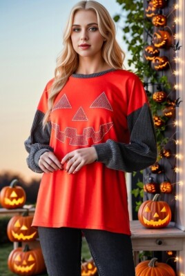 HEIMISH SOLID URBAN RIBBED HALLOWEEN RHINESTONE  TOP ORANGE SIZE LARGE-FESTIVE!