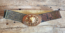 Vintage Anne Klein Gold Fish Scale Stretch Womens Belt 80s Lion Head Buckle