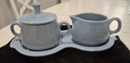 Fiesta Periwinkle Blue Creamer And Lidded Sugar Bowl With Serving Tray