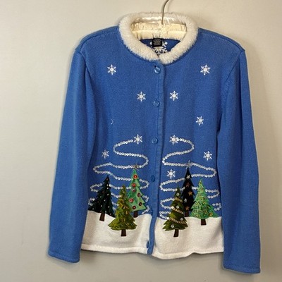 Crystal Kobi Christmas Sweater Cardigan Women's Medium Blue Tree Vintage Grandma