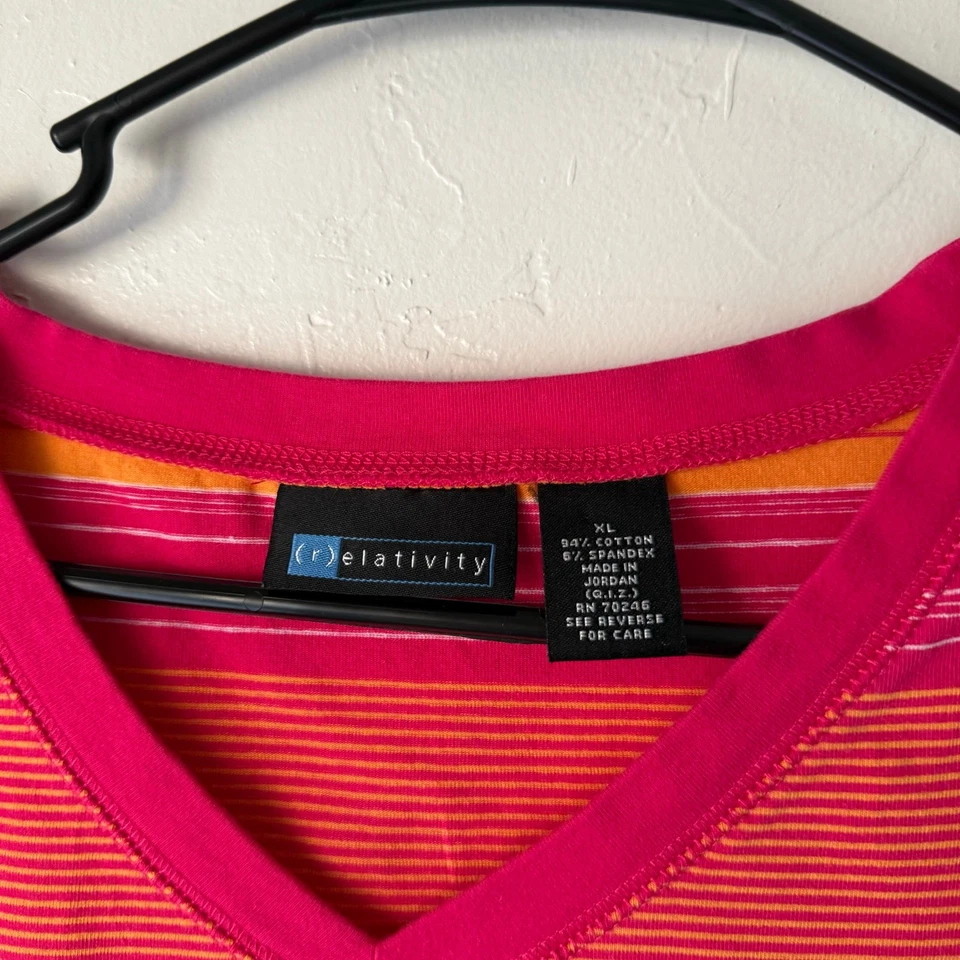 Camiseta (r)elativity Para Mujer Talla XL Vintage Rosa Naranja Rayas Cuello en V Foto 4 de 4