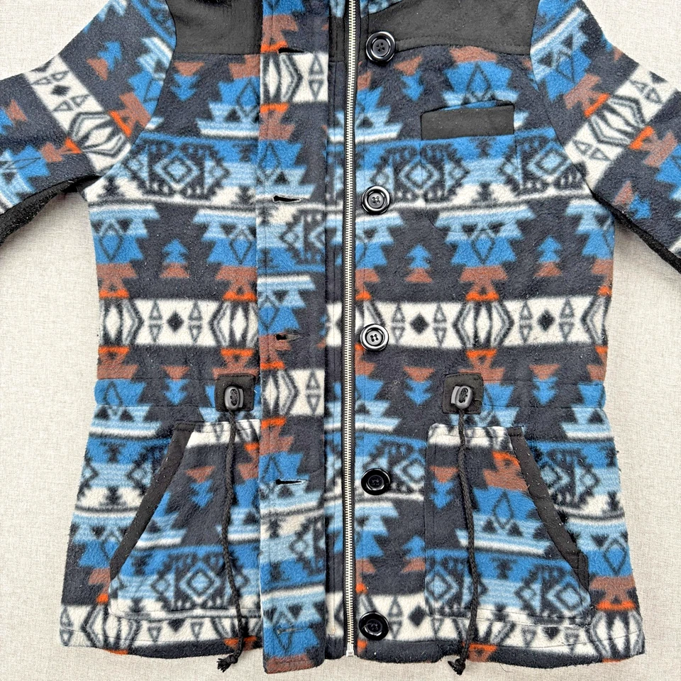 Chaqueta JOUJOU Azul Azteca Western Southwest Para Mujer Mediana Borde de Piel Capucha Extraíble Foto 4 de 4