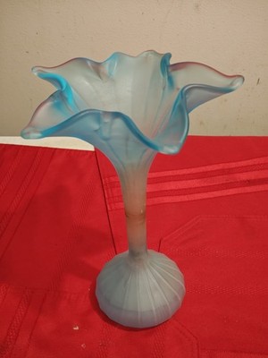 Large 10 1/2  Satin Frosted  Blue Vase Ruffled Edge  looks like a Flower