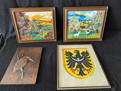 Konvolut Wandbilder Vintage: 2x Naive Malerei Jahreszeiten, Wappen Schlesien,...