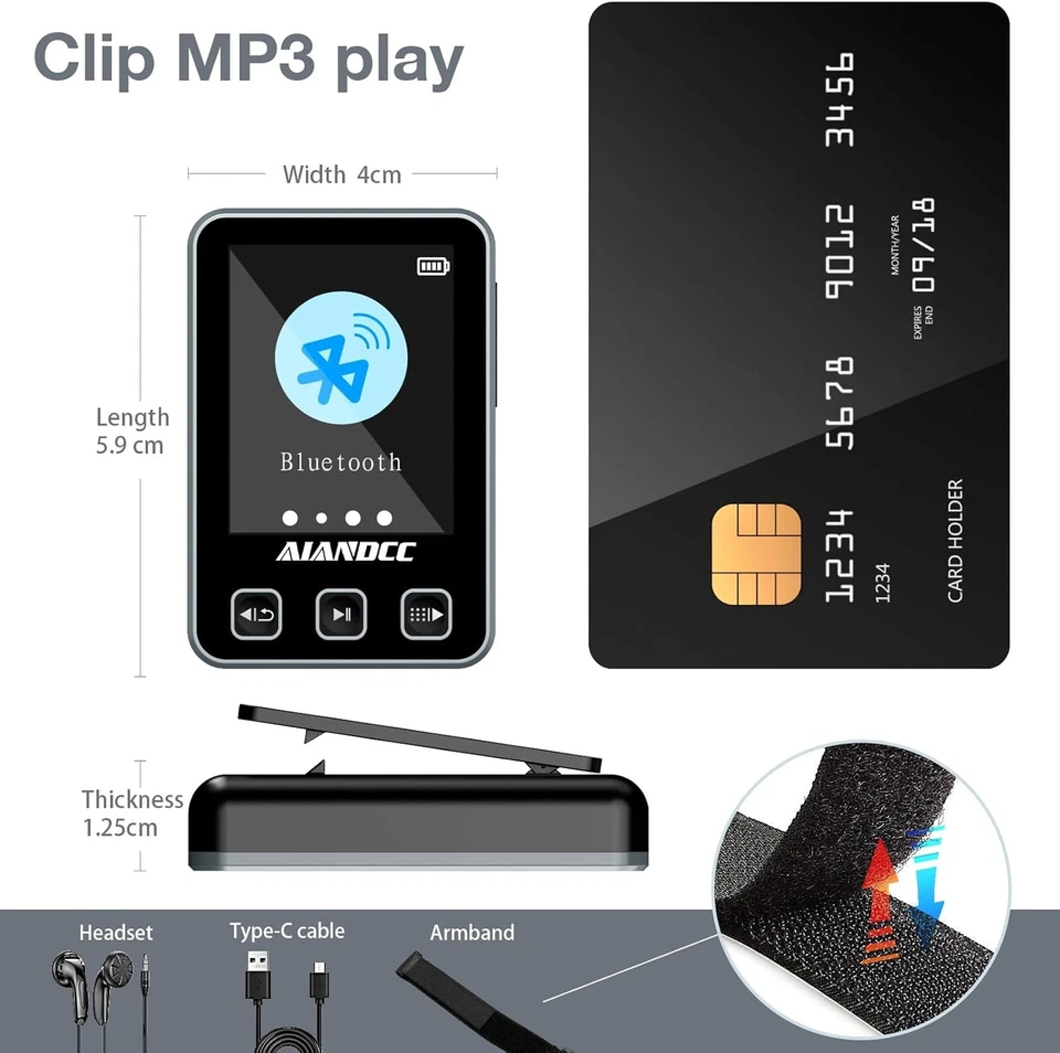 MP3 Player Bluetooth 5.3 – Sport Clip 1,77" TFT Display, SD bis 128GB mit Kopfhö - Bild 2 von 4
