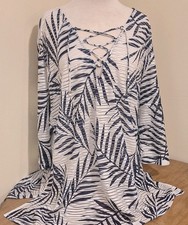 Portmans Women’s 2X White/Blue Palm Leaf Tunic swimsuit cover-up