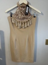 Nasty Gal Tassel Front Mini Dress Rose Gold Size 8 New Halter neck Sequin
