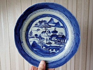 Antique CHINESE PORCELAIN PLATE CANTON Blue Coastal Temple Pagoda Palace 19th C