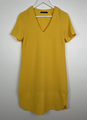 M&S Shift Dress Yellow Short Sleeved V-Neck Shaped Hem Tunic UK 8 Knee Length