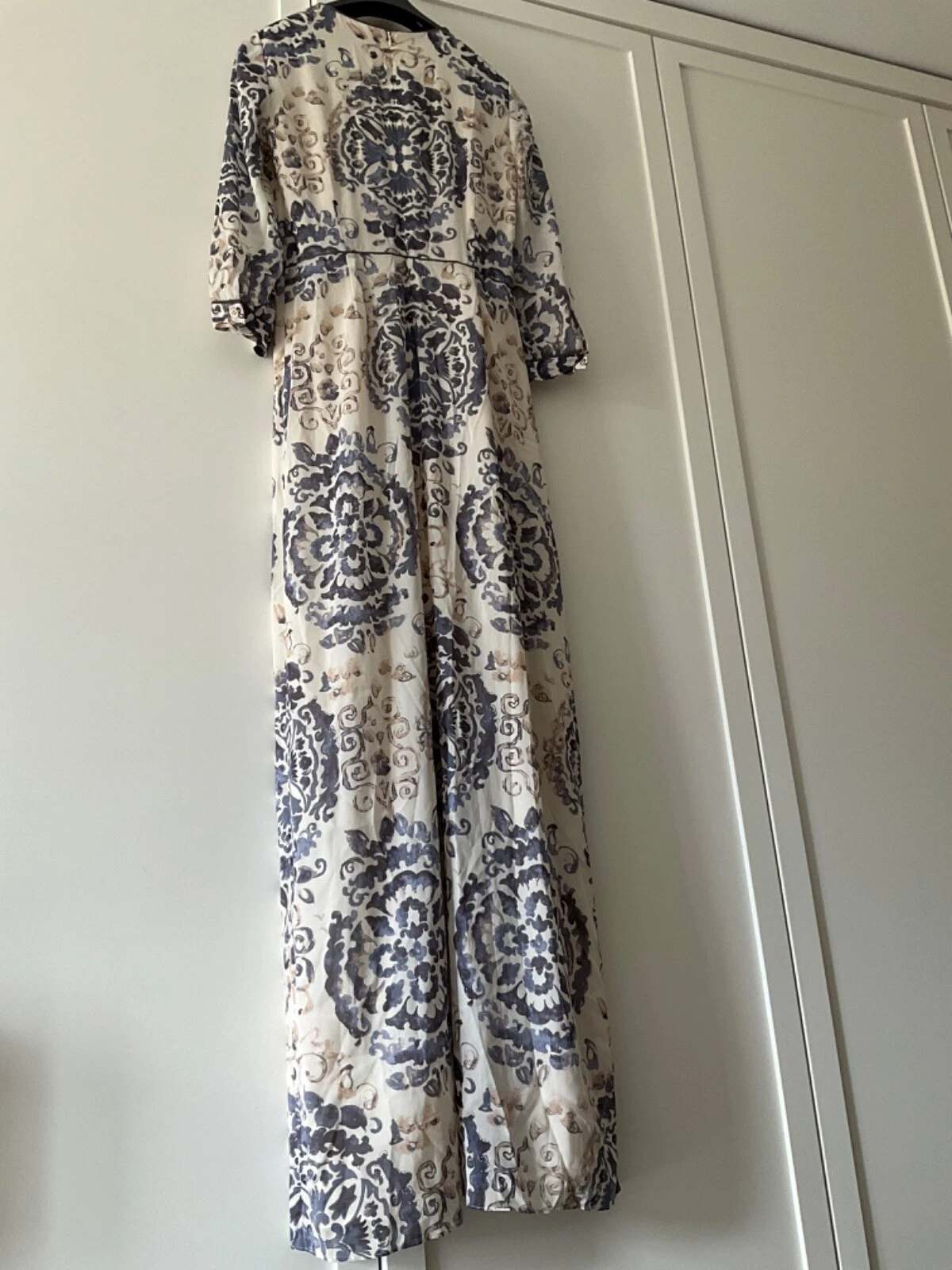 Abito lungo stile caftano in seta Tory Burch al dettaglio oltre £1000 blu crema US 4 UK 10