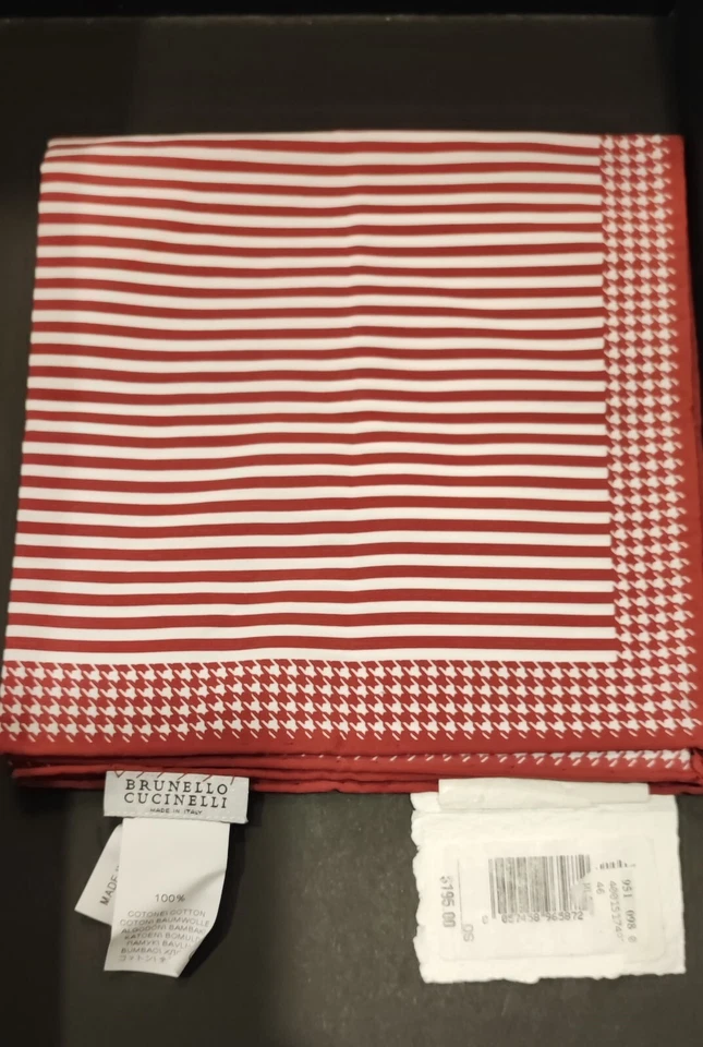 Brunello Cucinelli $195 Nuevo con Etiquetas Algodón Bolsillo Cuadrado Rojo Blanco Rayas Pata de Gallo Foto 2 de 2