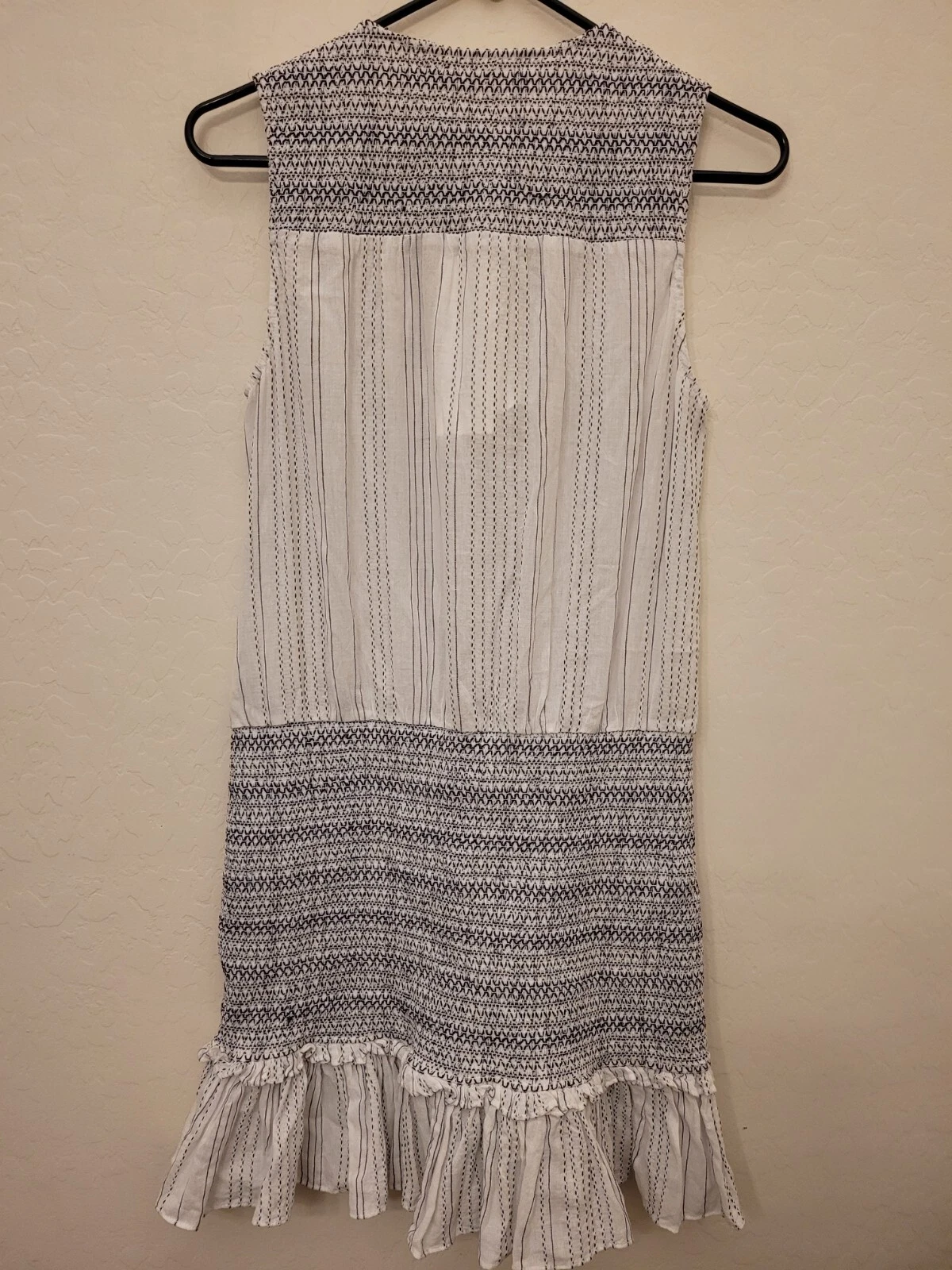 OFF WHITE Mini abito senza maniche Veronica Beard Cox smocked bianco blu taglia large nuovo con etichette