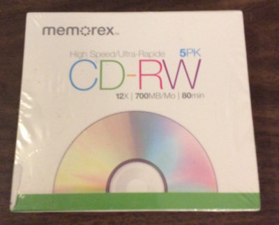 Memorex 5 Pack High Speed 12x CD-RW Media 700MB 80min Discs In Slim Cases