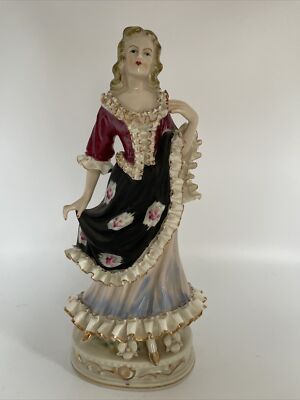Vintage Bone China Lace Figurine Statue Woman On Pedestal Ruffle Dress - 9 