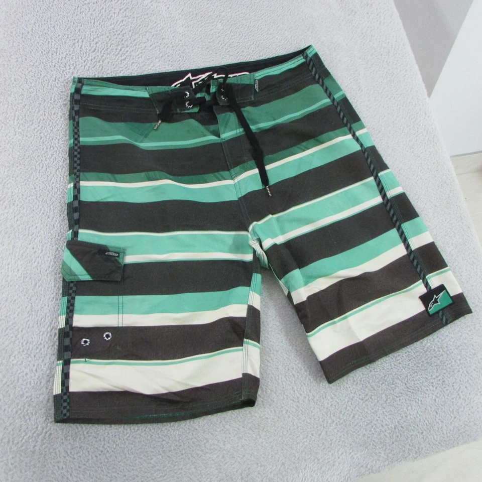 Alpinestars Board Shorts Mens W34 Green Black Striped Regular Fit Swim Trunks - Image 2 of 4