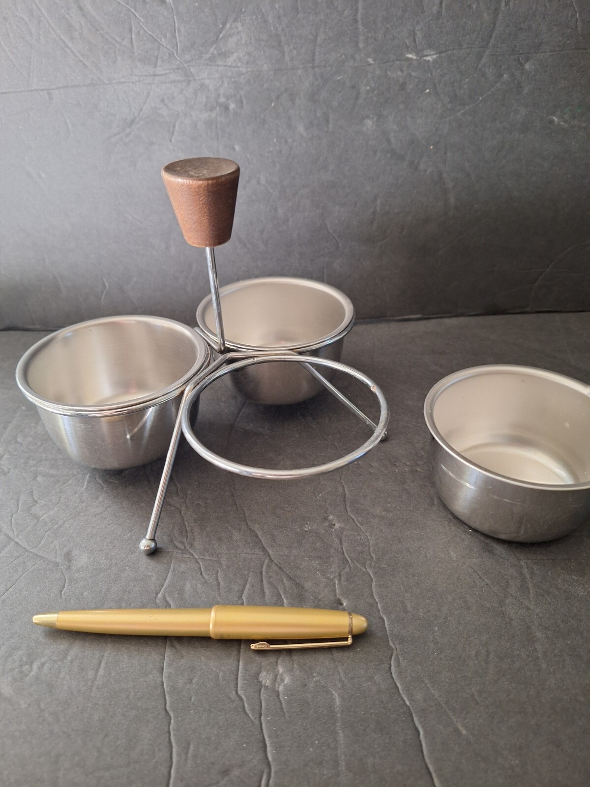 Mid Century Danish Modern Chrome and Teakwood Condiment Set