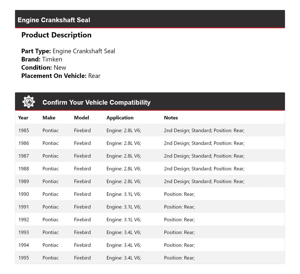 Заднее уплотнение коленчатого вала двигателя Pontiac Firebird 1985-1995 годов выпуска Timken 1986 1987 1988 годов выпуска - Изображение 2 из 4