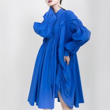 Hot Womenr Blue Punk Slim Pleated Wrinkle Shirt Loose Long Sleeve Casual Dress