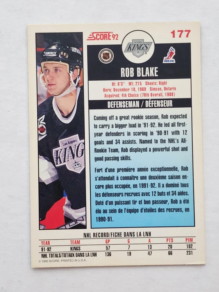 1992-93 Score Canadian ROB BLAKE Signed Card #177 HOF - Image 2 of 2