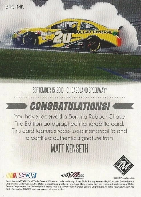 2014 Press Pass Matt Kenseth Race-Used Tire #/25 Toyota Joe Gibbs SCARCE - Image 2 of 2