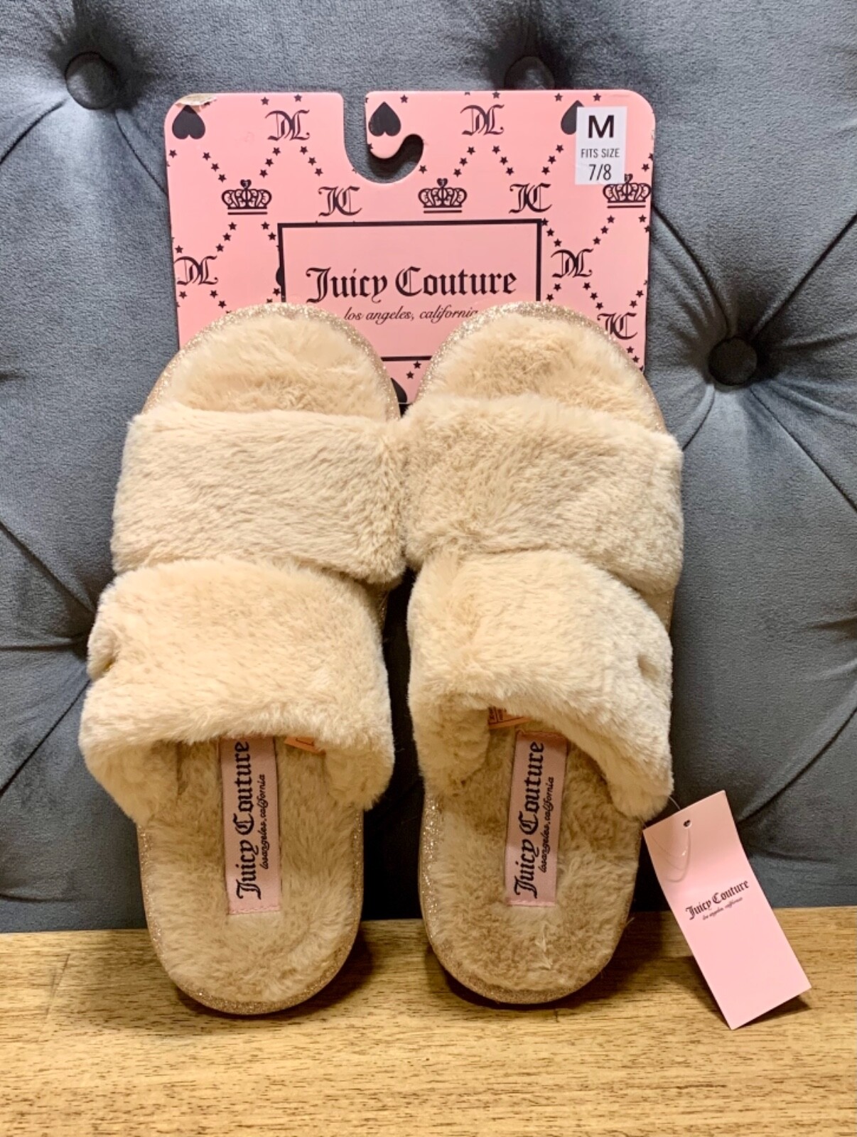 PANTOFOLA D’ORO Pantofole Juicy Couture 2 cinturini in pelliccia sintetica comode accoglienti oro rosa Barbie Core Sparkle