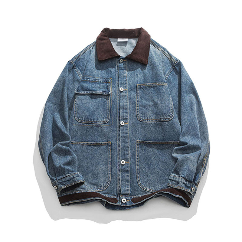 Fashion Mens Denim Coats Corduroy Collar Loose Jean Jacket Pockets