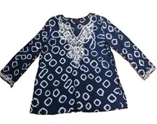 Karen Kane Blouse Top Women M Blue White Block Embroidered Boho Cottagecore